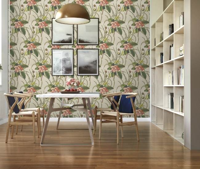 Beige botanical wallpaper design for wall in the dining room - Beautiful Homes