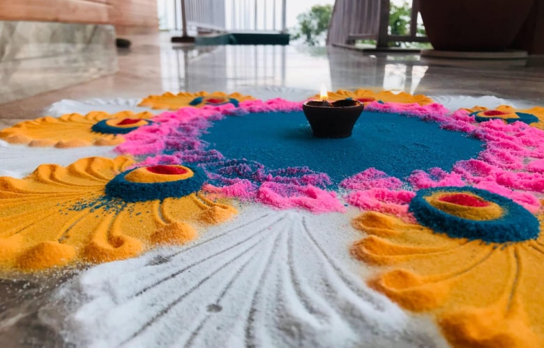 Janmashtami decoration in home with rangoli & diya - Beautiful Homes