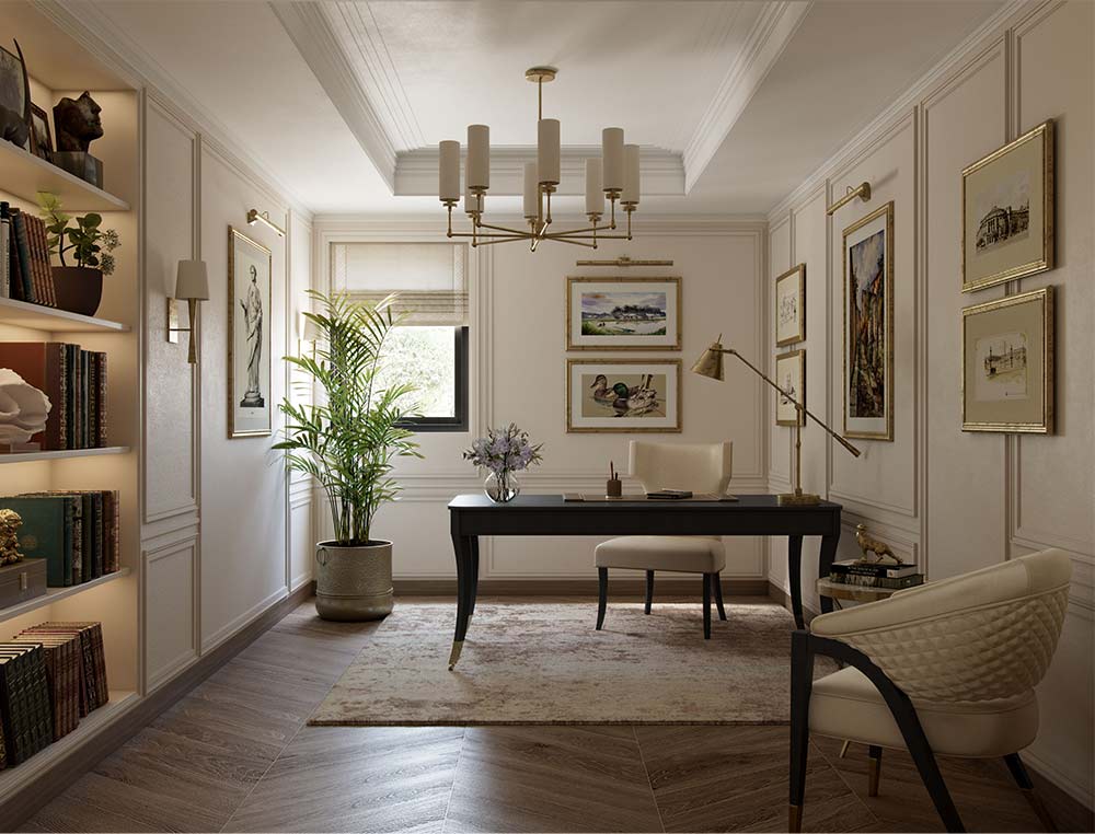 Study room décor with chandelier & wall panelling - Beautiful Homes