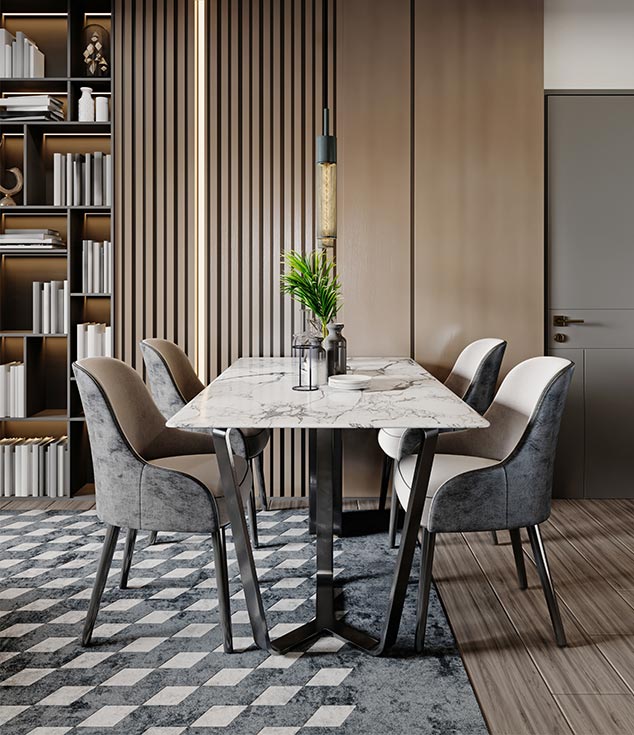 Marble dining table top design with hanging lights - Beautiful Homes