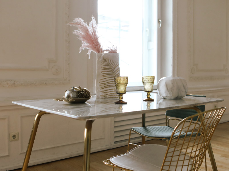 White marble dining table with golden legs - Beautiful Homes