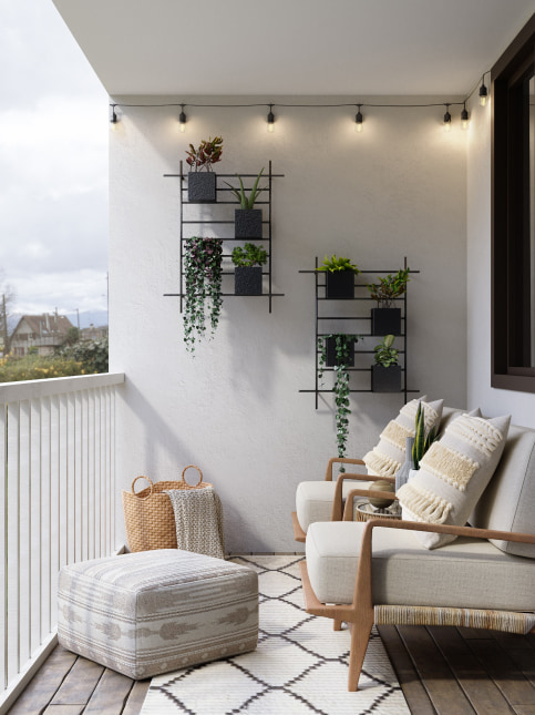 Small home terrace garden with furniture, lighting & small plants - Beautiful Homes