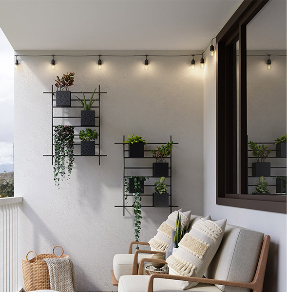 Wall hanging planters in a cosy balcony design - Beautiful Homes Wall hanging planters in a cosy balcony design - Beautiful Homes