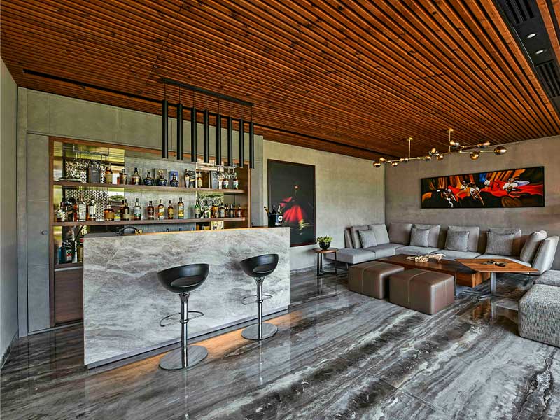 Bar counter design for home with wood ceiling design - Beautiful Homes