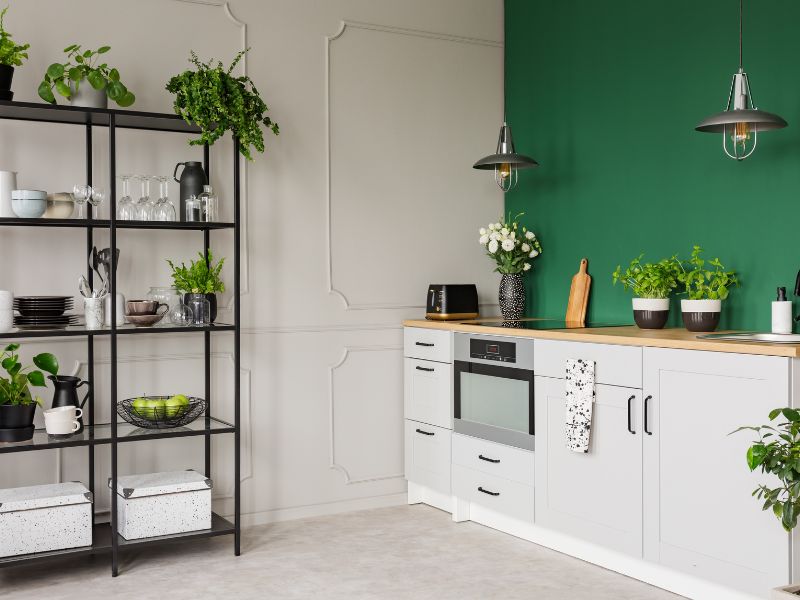 Green modular kitchen with green kitchen decor like green wall & indoor plants - Beautiful Homes