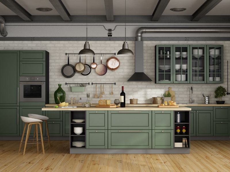 Olive green kitchen base & tall units with green island storage cabinets - Beautiful Homes