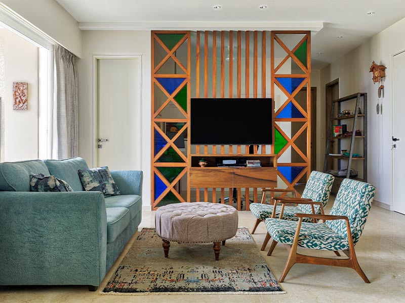 Living room 2 bhk flat interior design with customized TV unit - Beautiful Homes