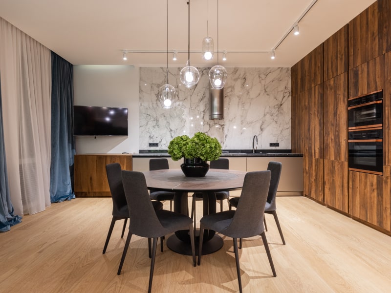 Small kitchen POP design with hanging lights - Beautiful Homes