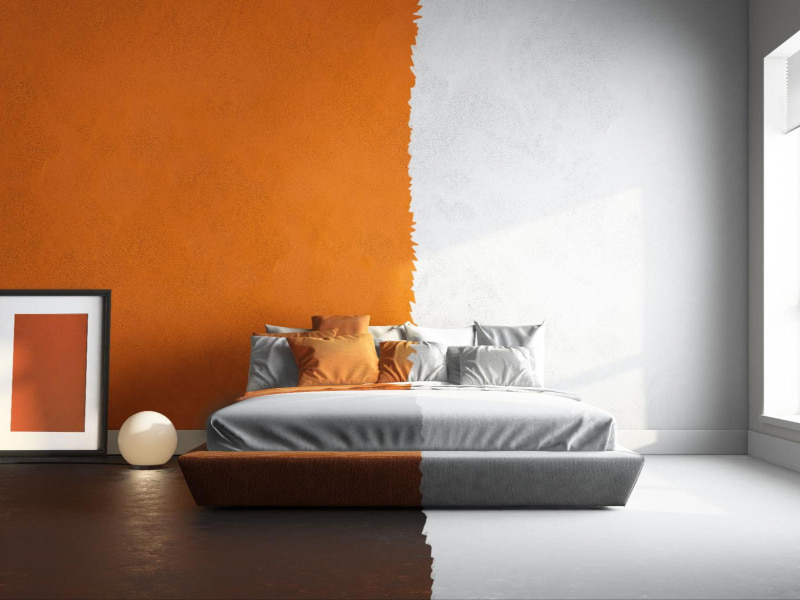 Orange bedroom walls with large window walls - Beautiful Homes