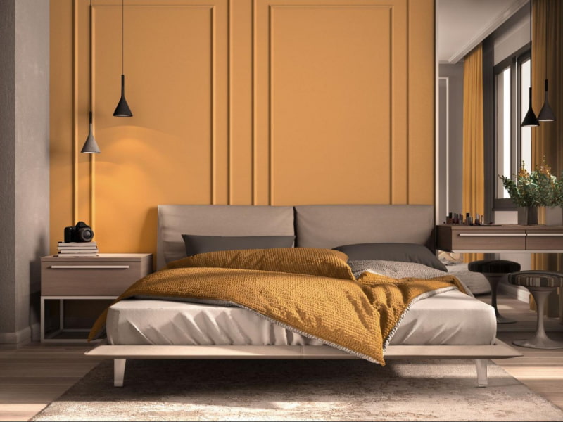 Orange colour combination bedroom with platform bed - Beautiful Homes