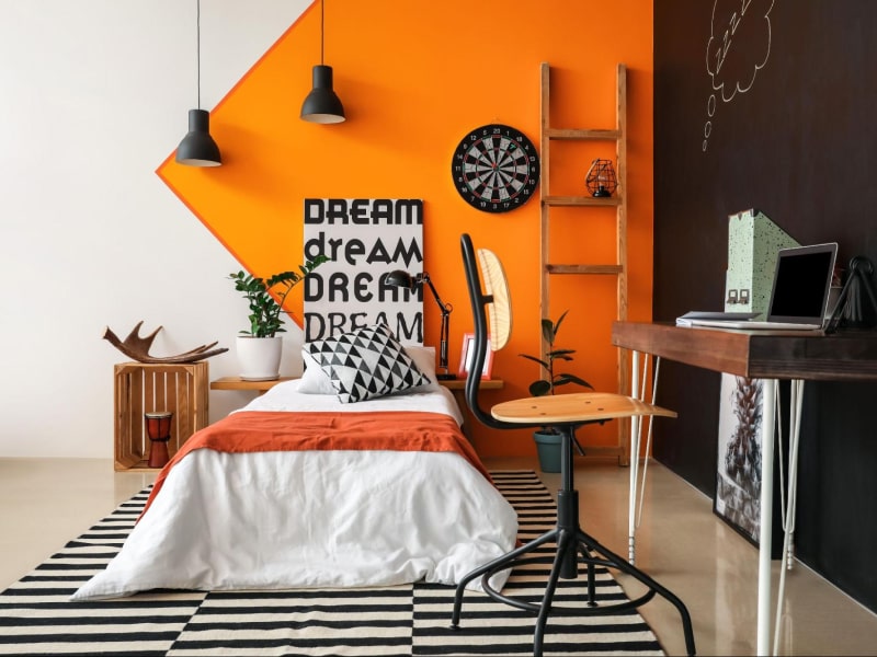 Orange colour combination for bedroom walls with minimalist design - Beautiful Homes