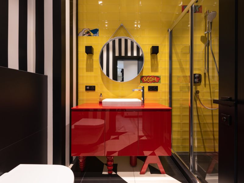 Dark yellow & black wall colour combination for the bathroom - Beautiful Homes