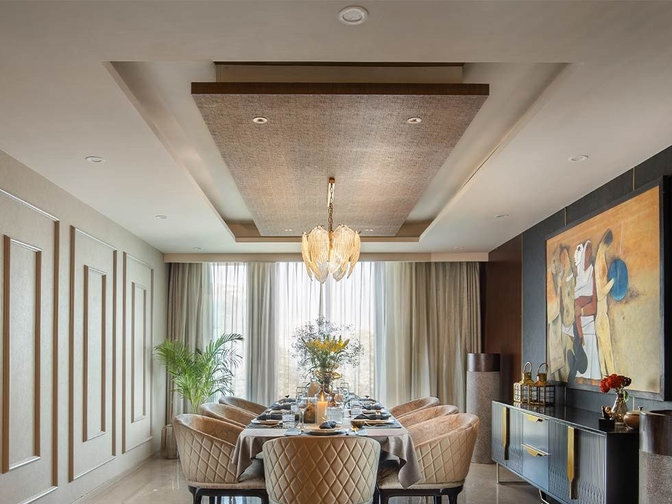 Textured PVC false ceiling design in a chic dining room - Beautiful Homes