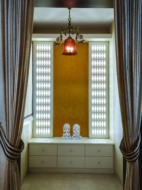 Built-in home mandir design with storge ideas - Beautiful Homes