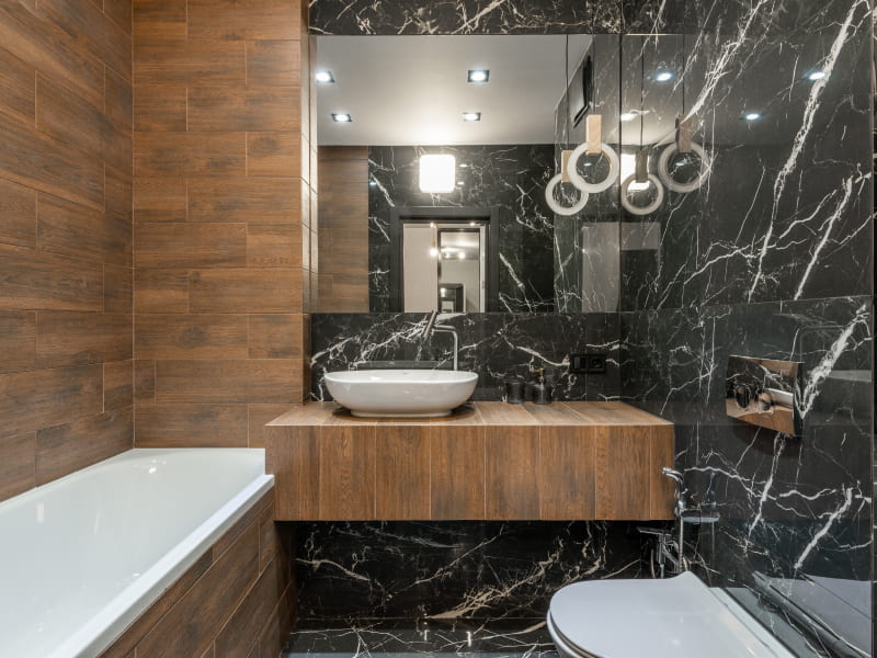 Wooden design tiles for bathroom front wall & sink countertop - Beautiful Homes