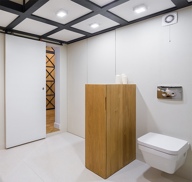 Minimalistic Black & White Coffered Ceiling Tiles for Bathroom Design - Beautiful Homes