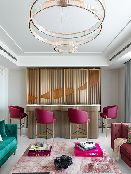 Home bar designs with magenta colour chairs - Beautiful Homes