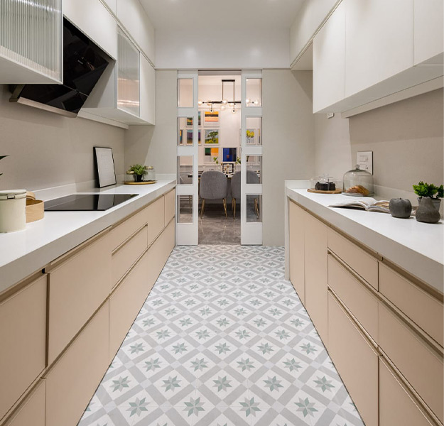Galley kitchen design with neutral colour scheme - Beautiful Homes