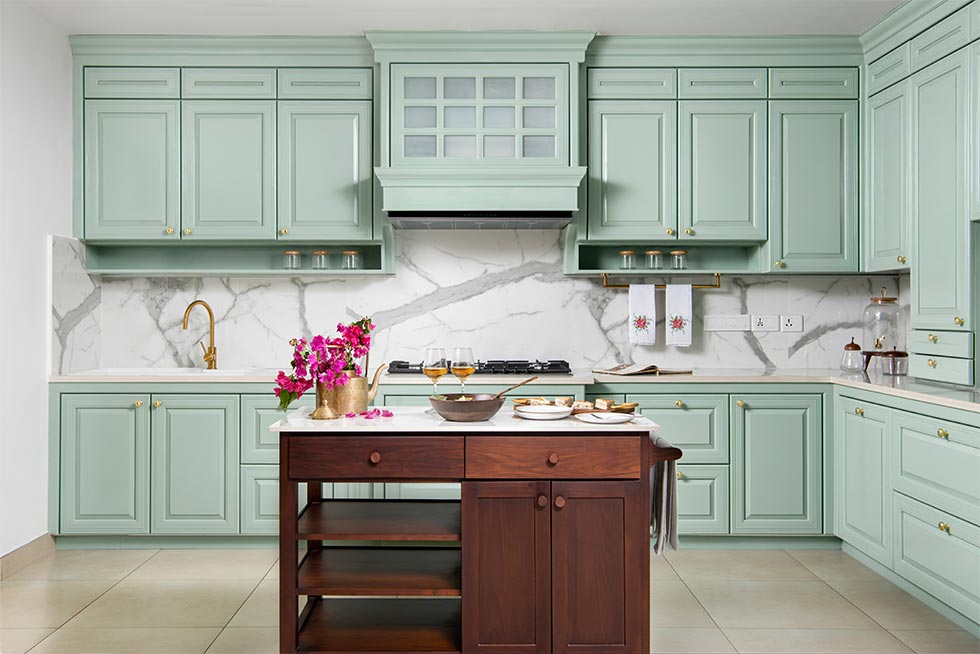 Pastel green parallel kitchen design with an island - Beautiful Homes