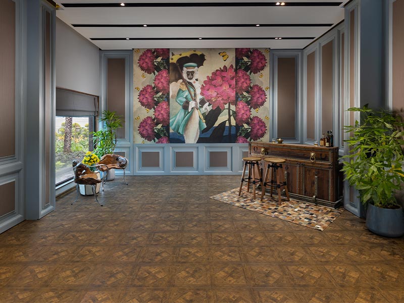 Parquet tile pattern flooring for this room design - Beautiful Homes