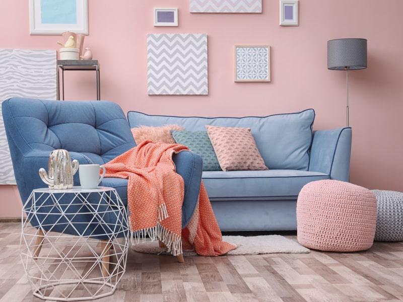 Blue & pink colour combination for the living room walls - Beautiful Homes