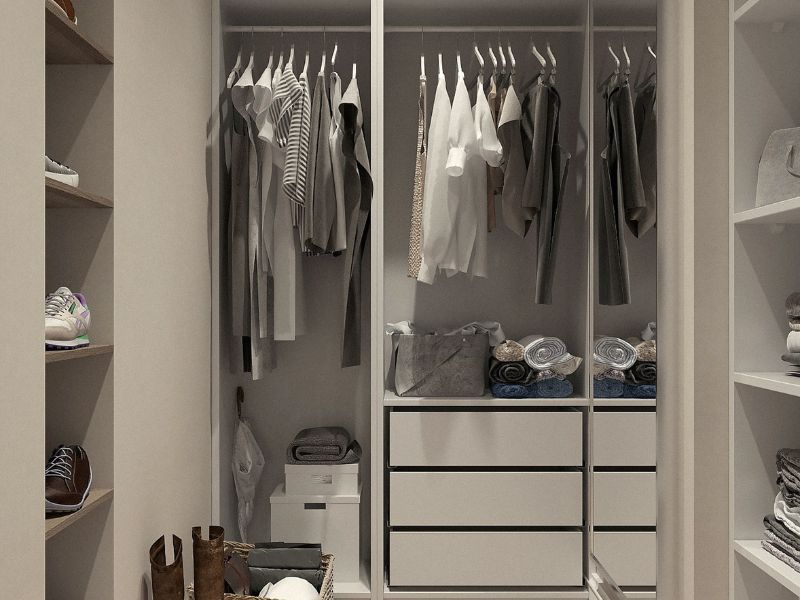 Neutral small walk-in closet for your small space in bedroom - Beautiful Homes