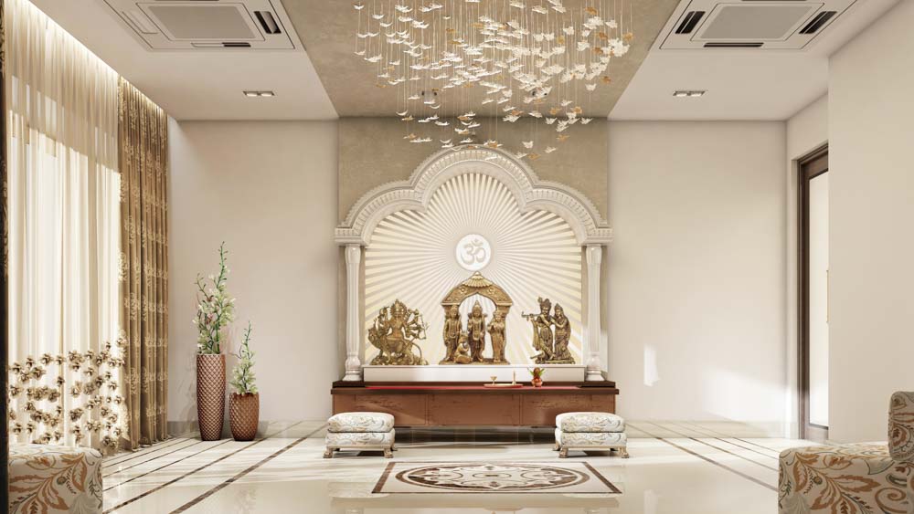 A grand pooja room with unique pair of matching birds on the ceiling & bottom of drapes - Beautiful Homes