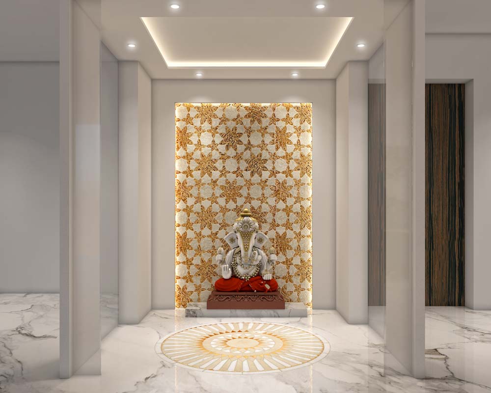 Temple design with white walls & gold texture as backdrop - Beautiful Homes