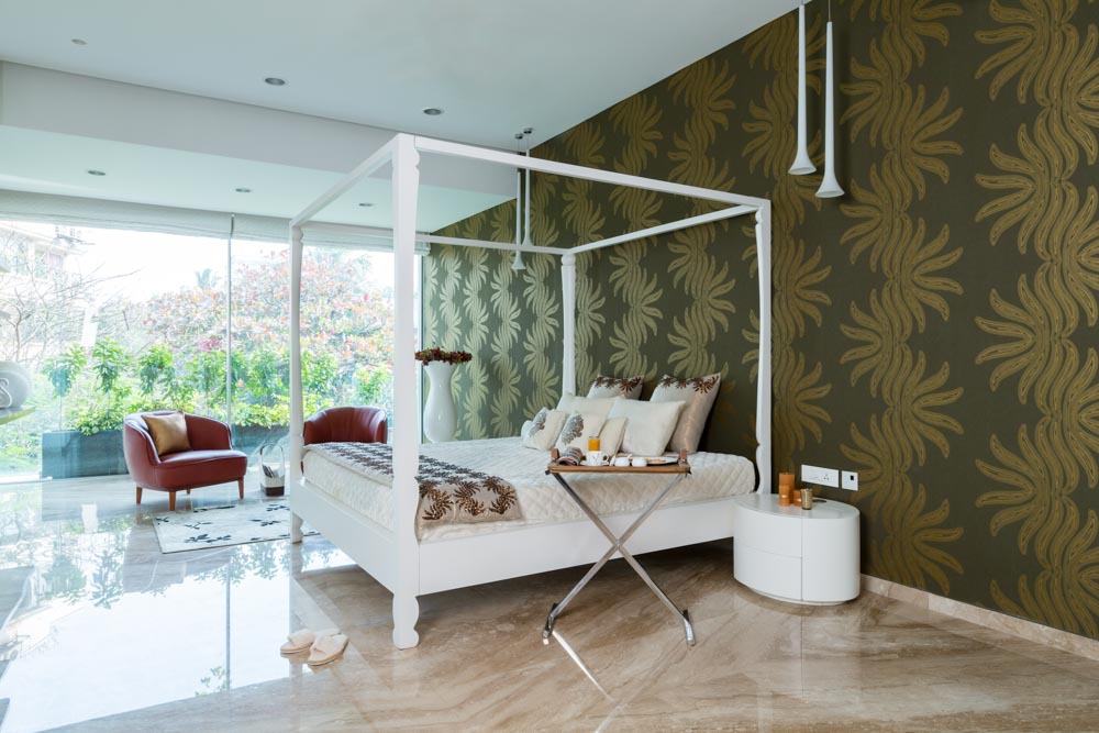Indian home having bedroom design with a vibrant wallpaper in focus - Beautiful Homes