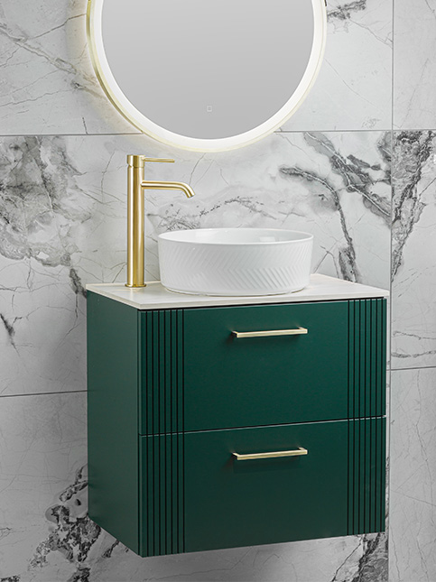 Luxury tile bathroom design with green countertop - Beautiful Homes