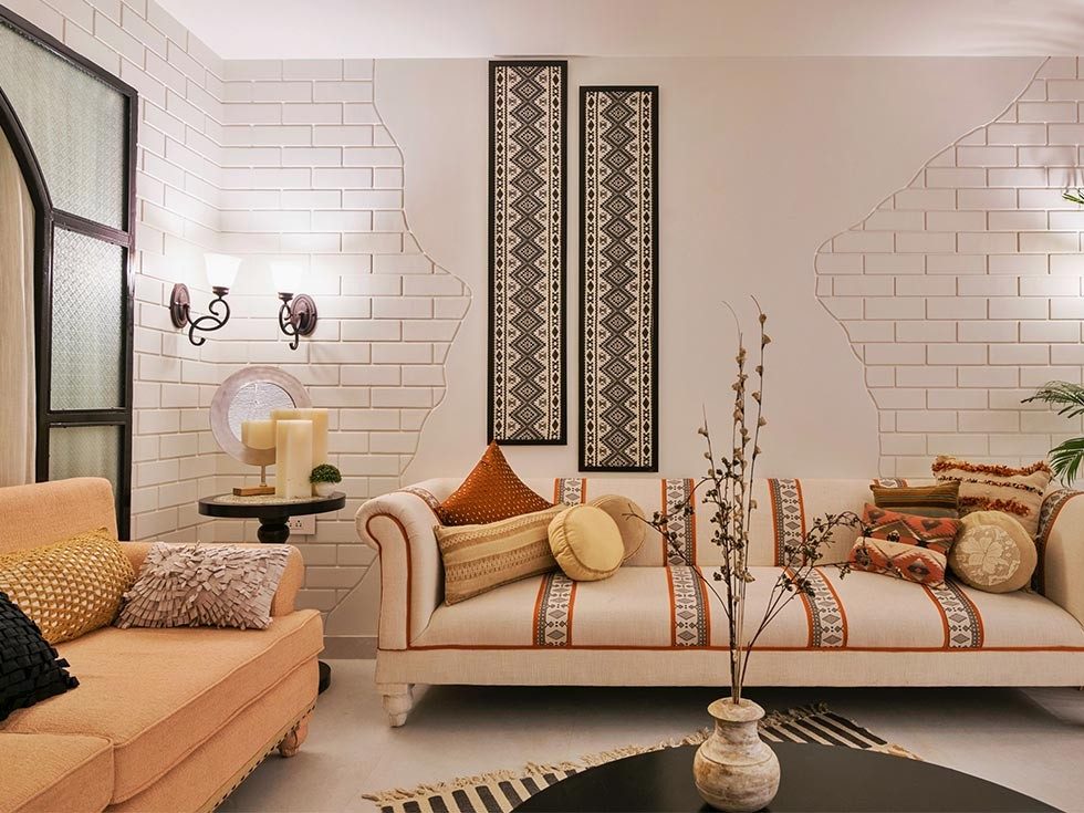 All white concrete wall finish in a living room accent wall - Beautiful Homes