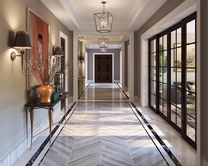 Herringbone patterned hallway tile design – Beautiful Homes