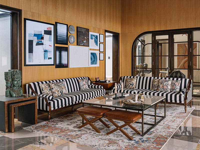 Black And White Striped Sofa in Living Room - Beautiful Homes