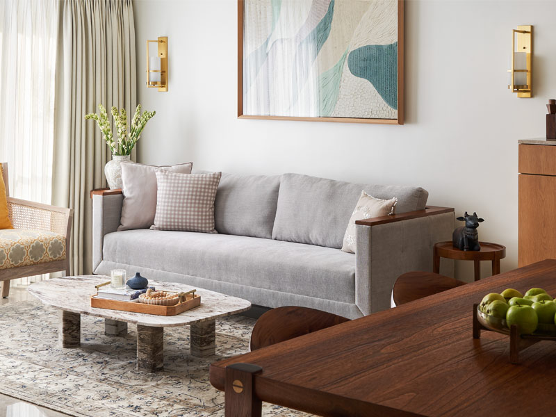 Living Room with Marble Flooring and Wooden Elements - Beautiful Homes