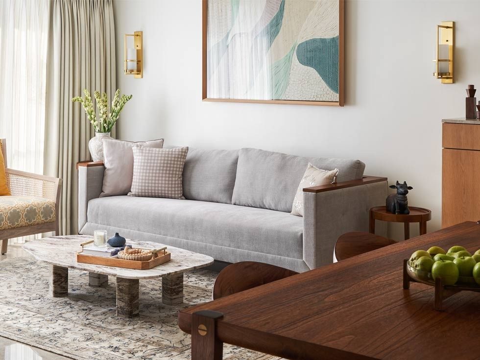 Living Room with Marble Flooring and Wooden Elements - Beautiful Homes