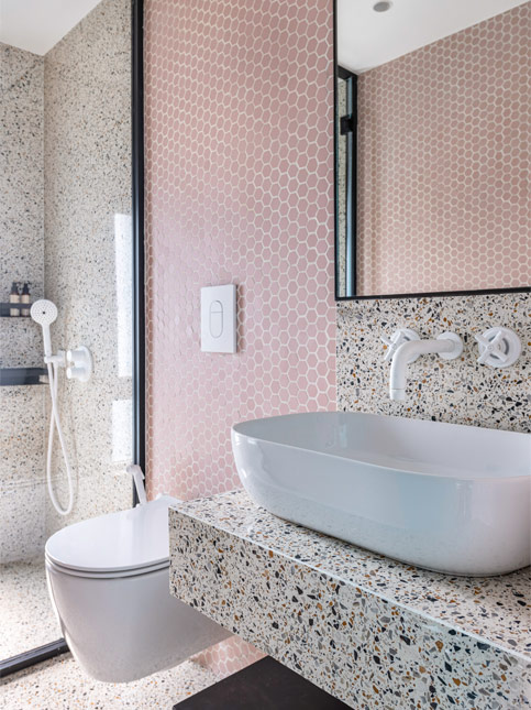 Pastel Pink Honeycomb Tiles in Bathroom - Beautiful Homes
