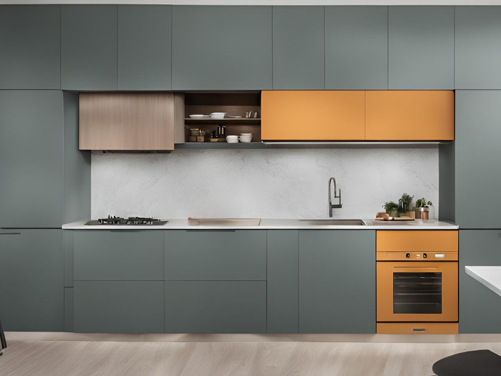 Grey and yellow colour modular cabinets - Beautiful Homes