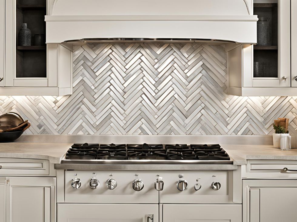 Grey herringbone backsplash tiles - Beautiful Homes