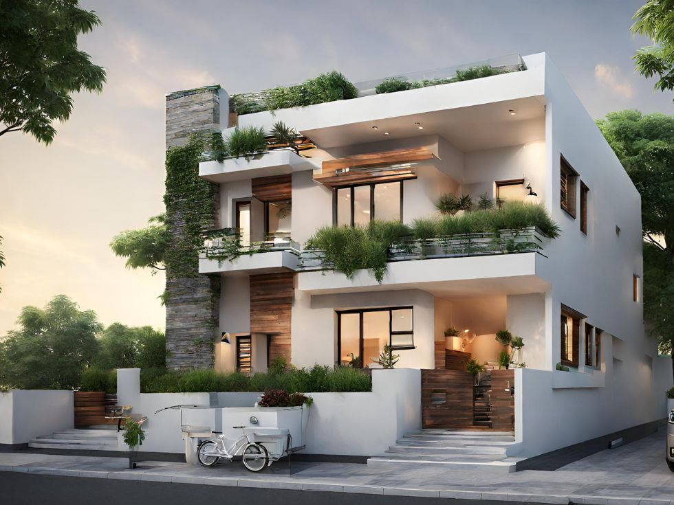 Duplex House Elevation with Rooftop Garden - Beautiful Homes