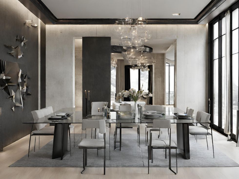 Long glass dining table- Beautiful Homes