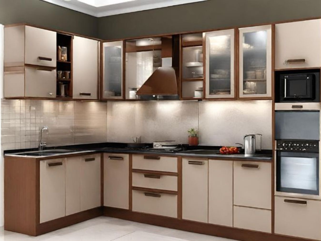 L-shaped brown kitchen- Beautiful Homes