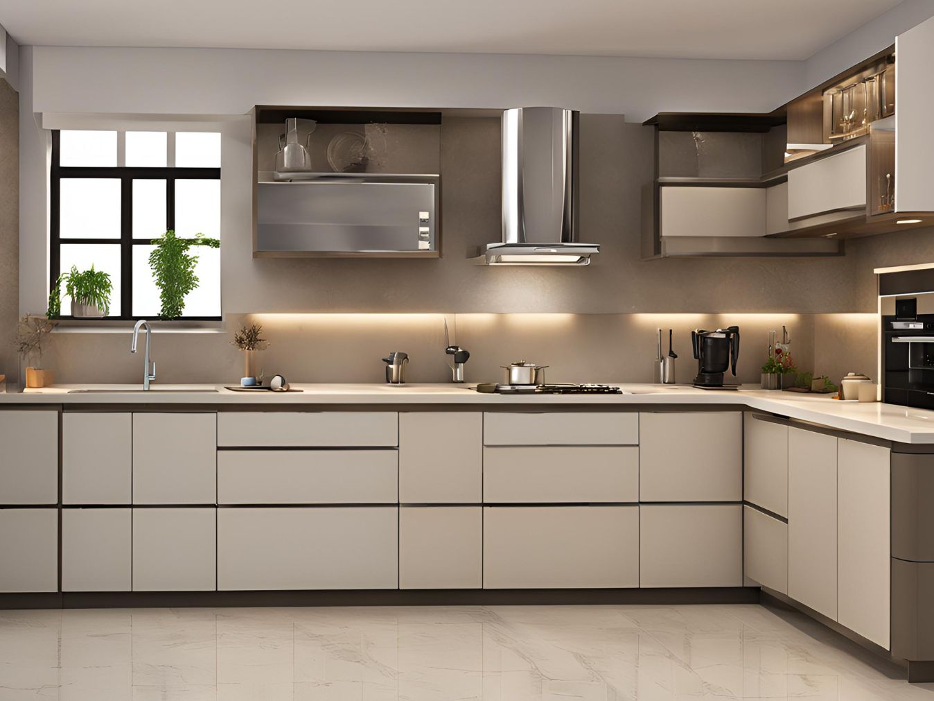 L-shaped cream modular kitchen - Beautiful Homes