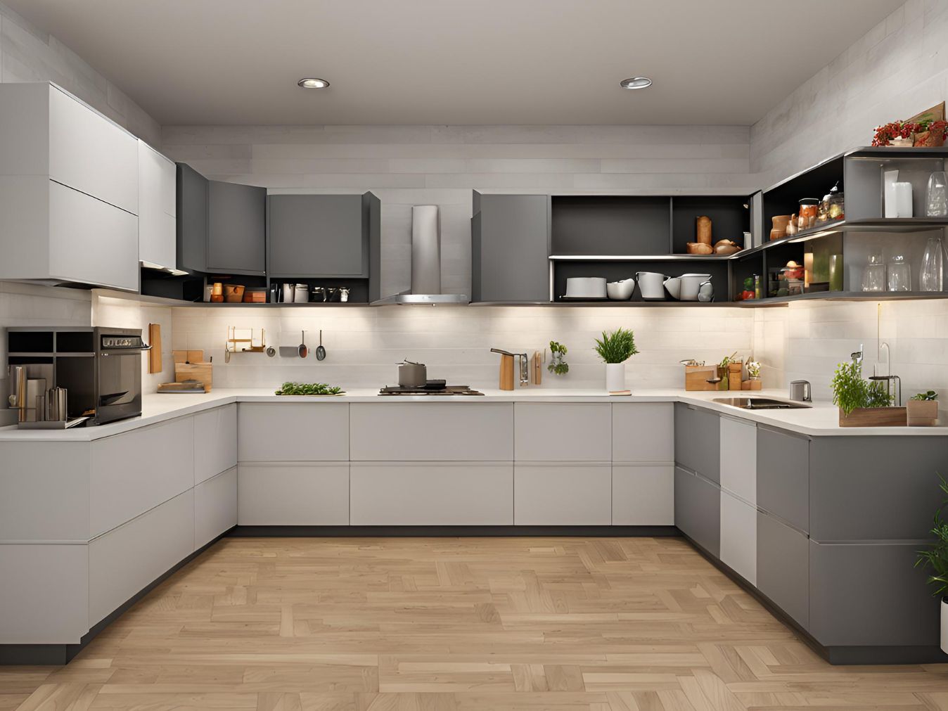 U-shaped white and grey modular kitchen - Beautiful Homes