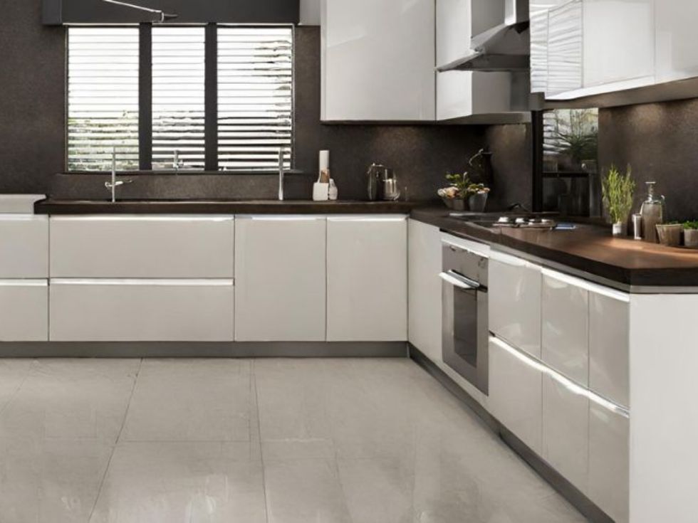 White l-shaped kitchen with brown countertop - Beautiful Homes