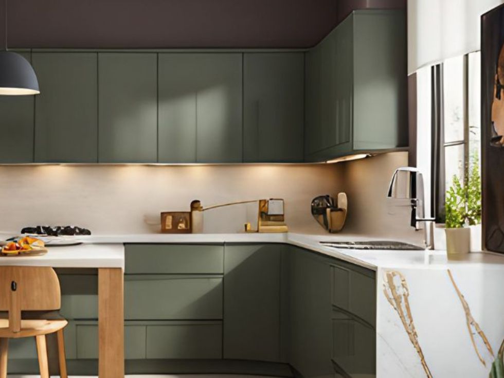 L-shaped dark green kitchen - Beautiful Homes