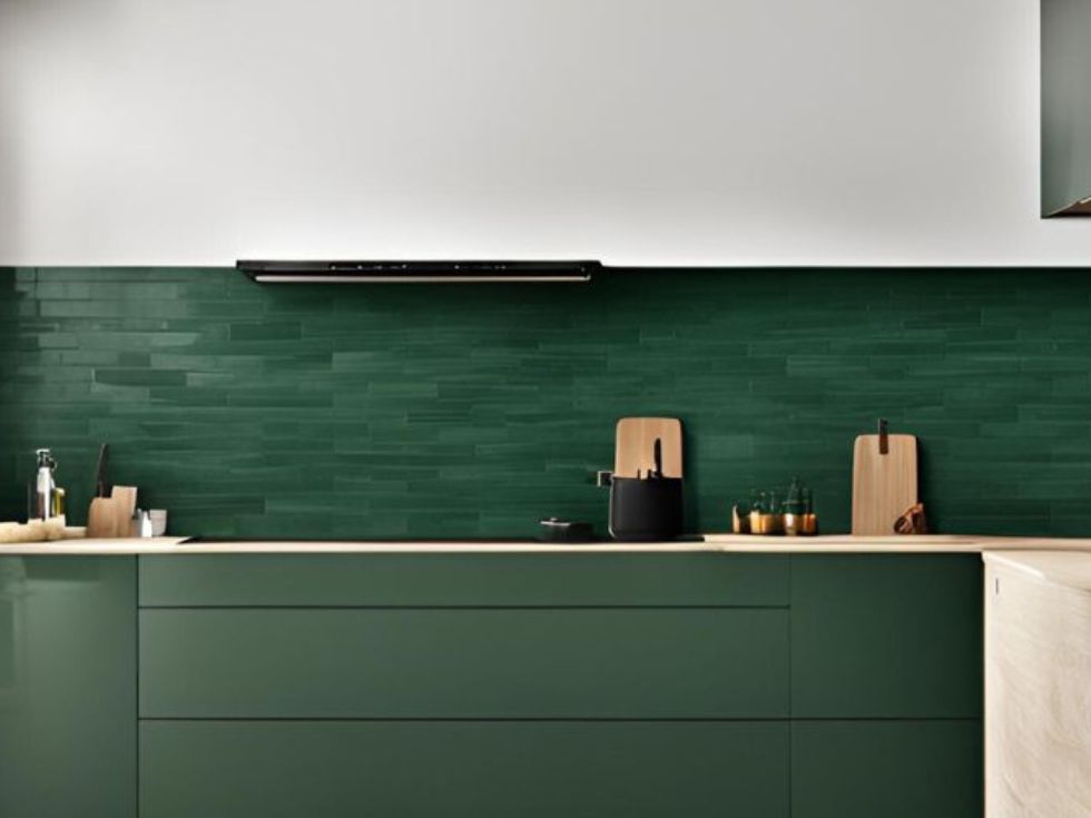 Modular kitchen with dark green backsplash tiles - Beautiful Homes