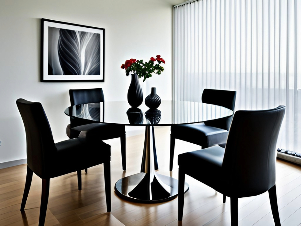 Round glass dining table with matte black chairs - Beautiful Homes