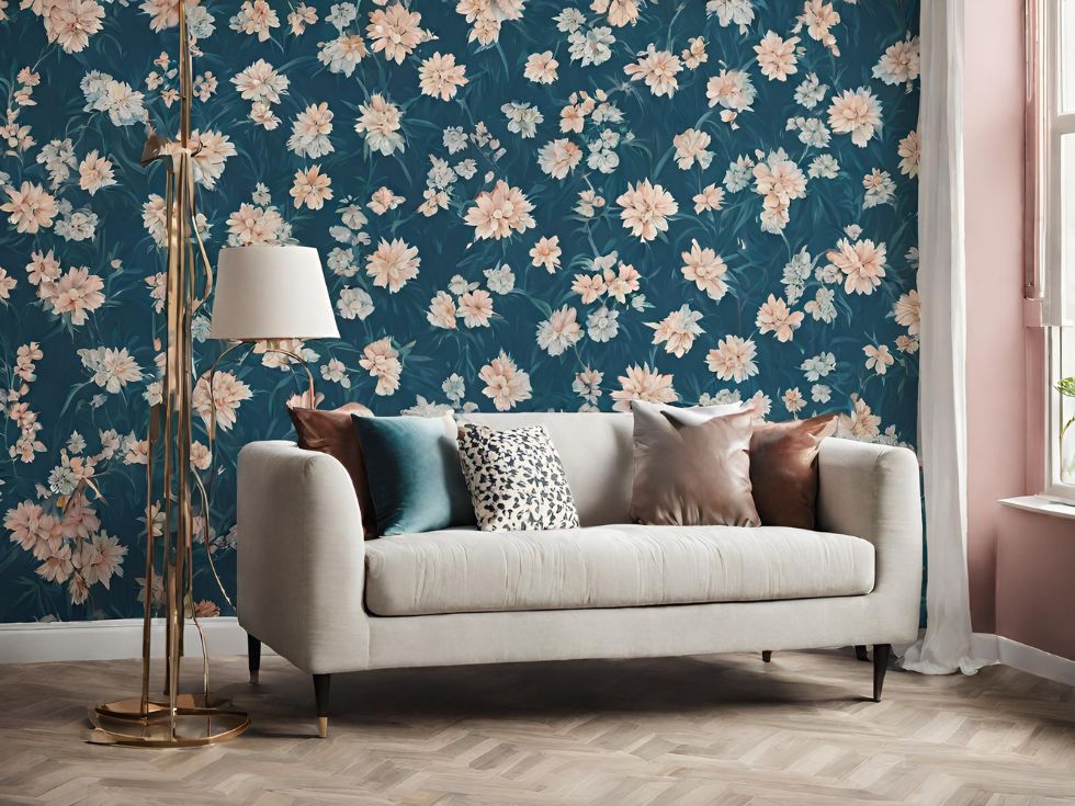 Blue Wallpaper with Pink Floral Design - Asian Paints