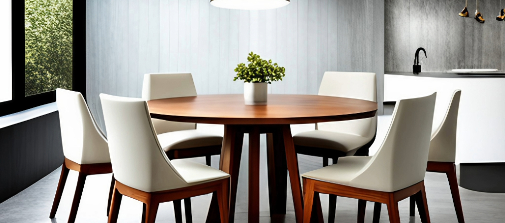 A casual dining area layout with round table an white chairs - Beautiful Homes