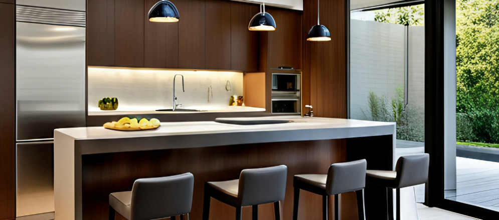 Center Island Layout dining area with bar stools - Beautiful Homes